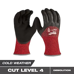 Cut Level 4 Winter Dipped Gloves with black palms and red knit cuffs displayed against a white background.