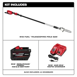 The image includes the M18 FUEL™ Telescoping Pole Saw, a M18™ REDLITHIUM™ FORGE™ HD12.0 battery, an M18™ and M12™ rapid charger, and a scabbard.