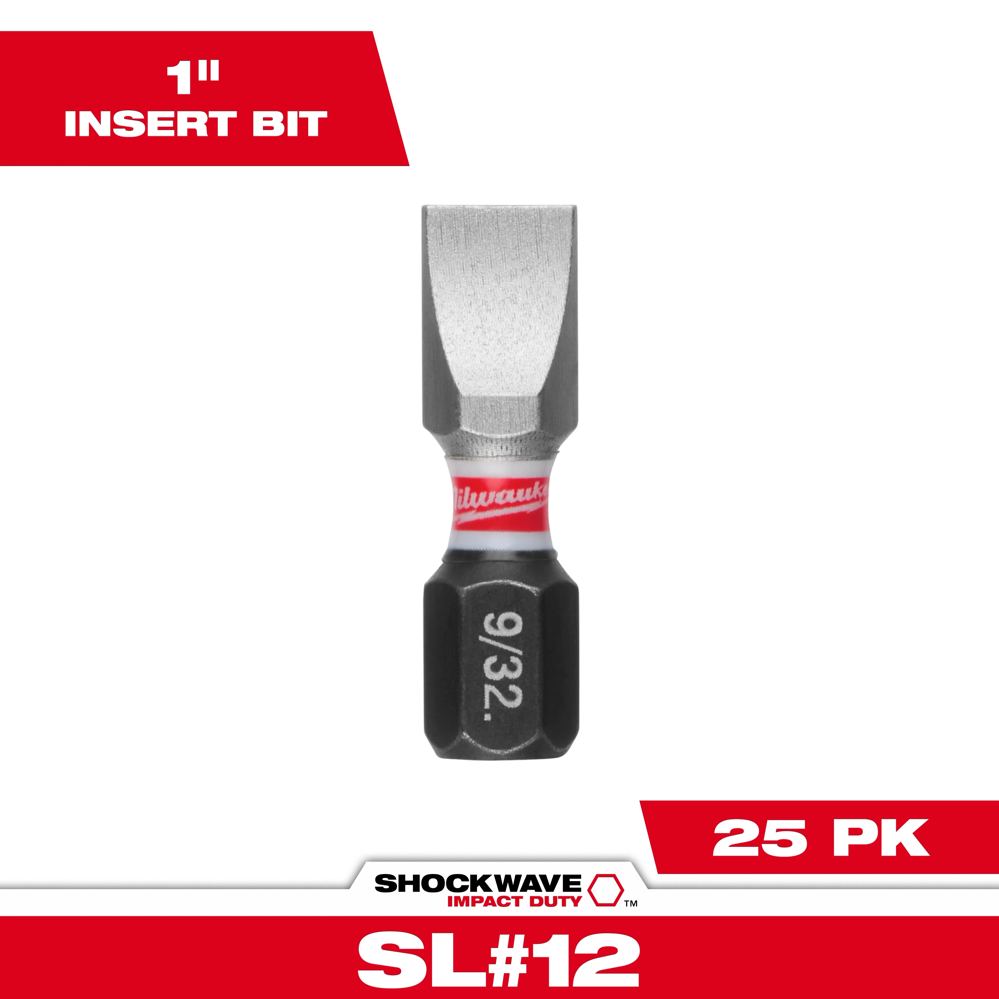The image shows a SHOCKWAVE™ 1" Impact Duty Slotted 9/32" Insert Bit (25 PK). The bit has a flat slotted tip, a red and white band with "Milwaukee" branding, and the size "9/32" is marked on the black hexagonal base.