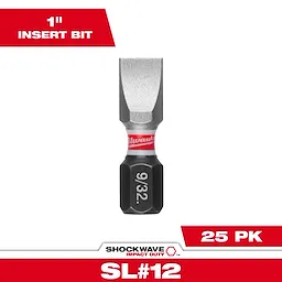 The image shows a SHOCKWAVE™ 1" Impact Duty Slotted 9/32" Insert Bit (25 PK). The bit has a flat slotted tip, a red and white band with "Milwaukee" branding, and the size "9/32" is marked on the black hexagonal base.