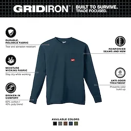 GRIDIRON Pocket T-Shirt, Long Sleeve, features durable fabric, moisture-wicking, reinforced seams, anti-odor treatment, and a 60/40 cotton-poly blend.