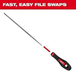 Round File Handle with a black and red grip, designed for fast and easy file changes. The detachable round file is shown next to the handle, illustrating the product's functionality.