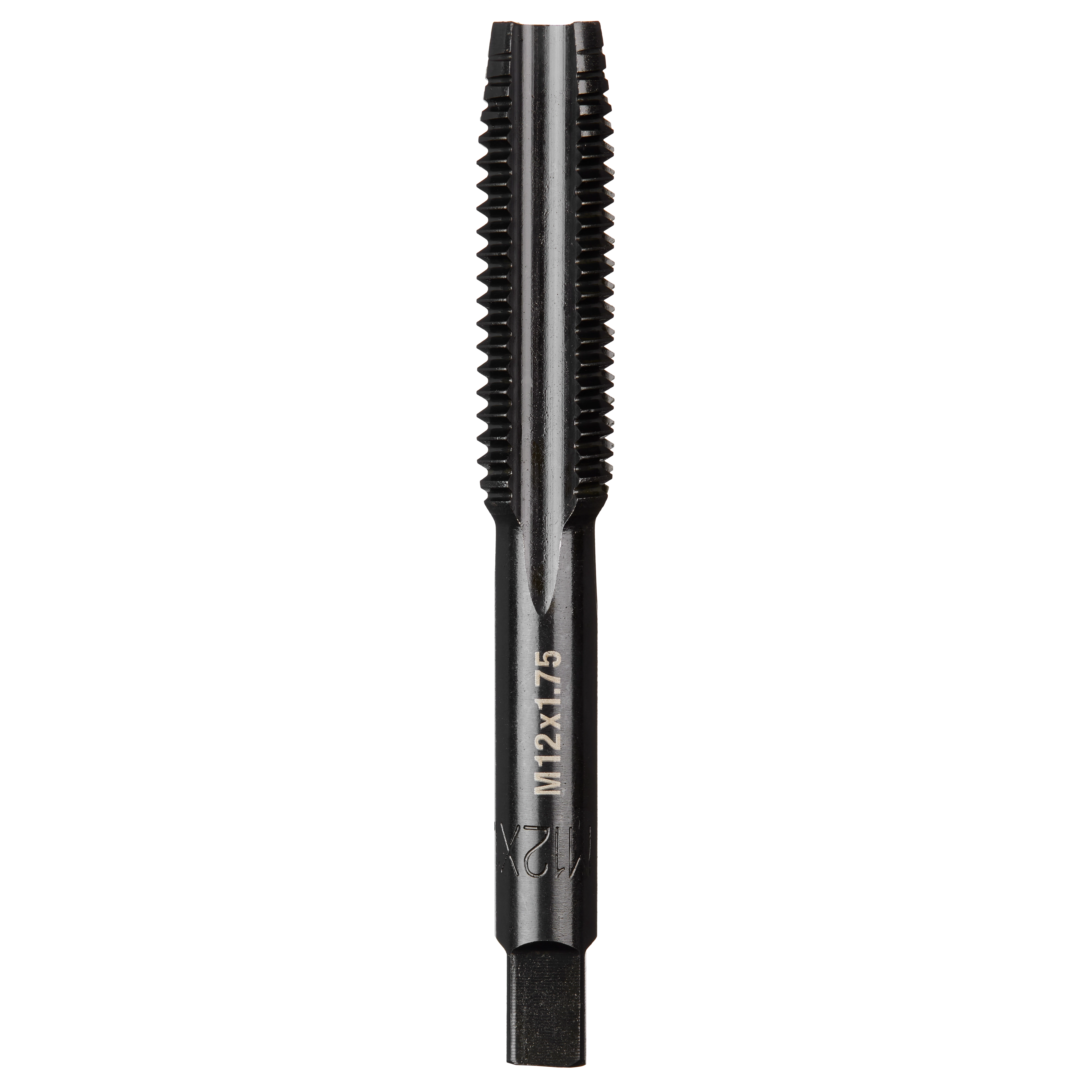 M12-1.75 20mm Straight Flute Plug Tap features a black metallic finish with precise threading for creating internal threads.