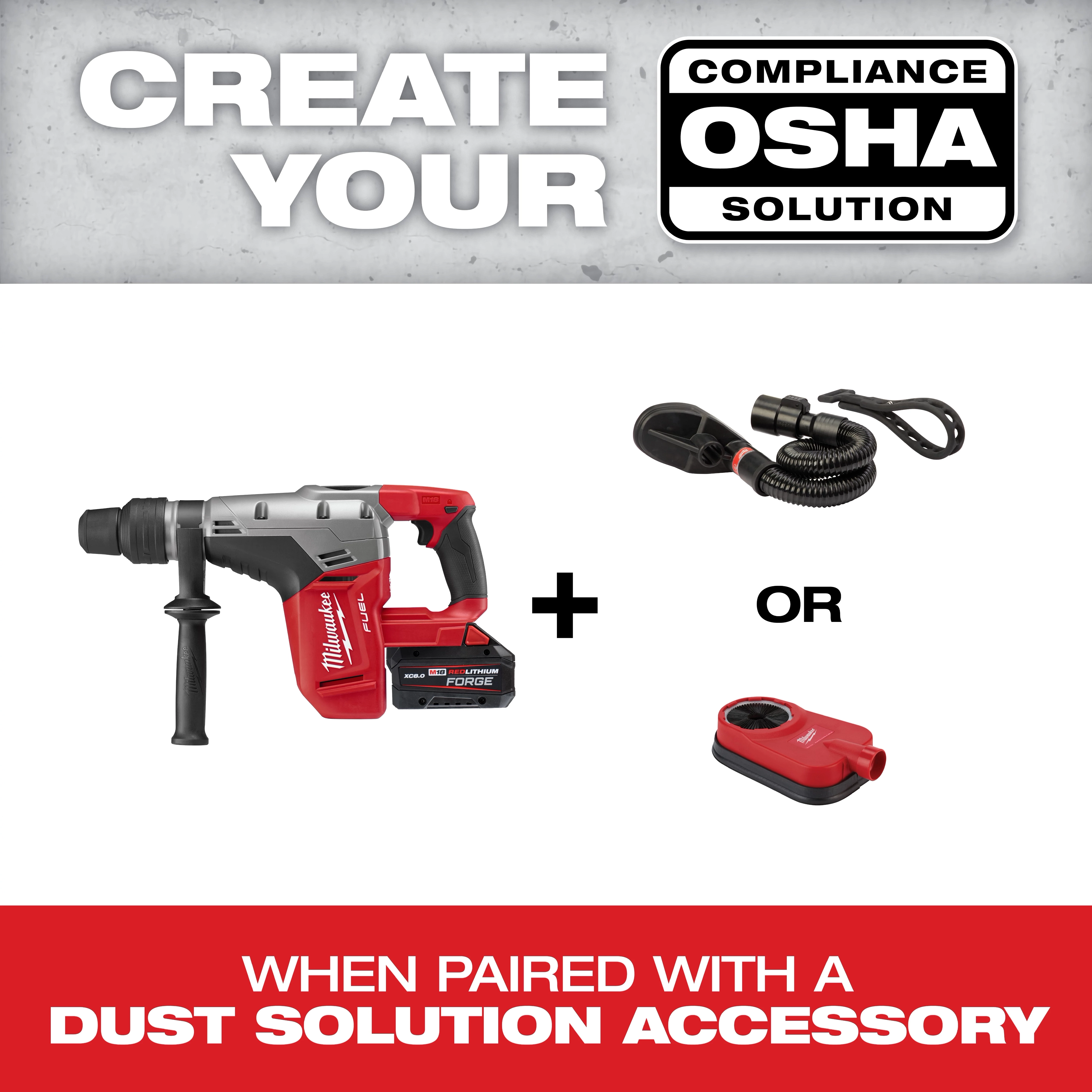 The M18 FUEL™ 1-9/16" SDS Max Rotary Hammer is displayed alongside two dust solution accessories to create OSHA compliance. The drill is red and gray with a battery pack. Accessories include a coiled dust extractor and a red, compact dust control device.