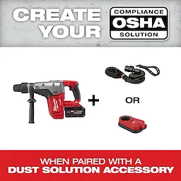 The M18 FUEL™ 1-9/16" SDS Max Rotary Hammer is displayed alongside two dust solution accessories to create OSHA compliance. The drill is red and gray with a battery pack. Accessories include a coiled dust extractor and a red, compact dust control device.