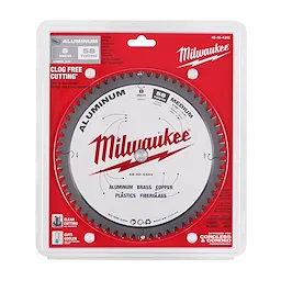 8” Aluminum Cutting Circular Saw Blade with 58 teeth in red and white packaging, designed for cutting aluminum, brass, copper, plastics, and fiberglass.