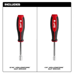 Two nut drivers in the 2pc SAE HollowCore Nut Driver Set, featuring red and black handles. Includes 5/16" and 1/4" sizes.