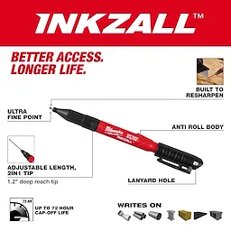 The INKZALL™ 2IN1 Deep Reach Ultra Fine Point Black Jobsite Marker features an ultra-fine point, 1.2-inch adjustable deep reach tip, anti-roll body, lanyard hole, and up to 72-hour cap-off life. Built to resharpen, it writes on various surfaces.