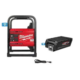 This image shows the MX FUEL™ CARRY-ON™ 3600W/1800W Power Supply Kit by Milwaukee. It includes a red and black power supply unit with outlets and a separate black battery. A charging cable is also present.