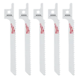 Five 3-1/2" 10 TPI SAWZALL® blades for wood scroll, arranged vertically side by side. The blades are white with "WOOD" printed at the top and the brand logo in red down the middle. Sold in a pack of five.