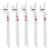 Five 3-1/2" 10 TPI SAWZALL® blades for wood scroll, arranged vertically side by side. The blades are white with "WOOD" printed at the top and the brand logo in red down the middle. Sold in a pack of five.
