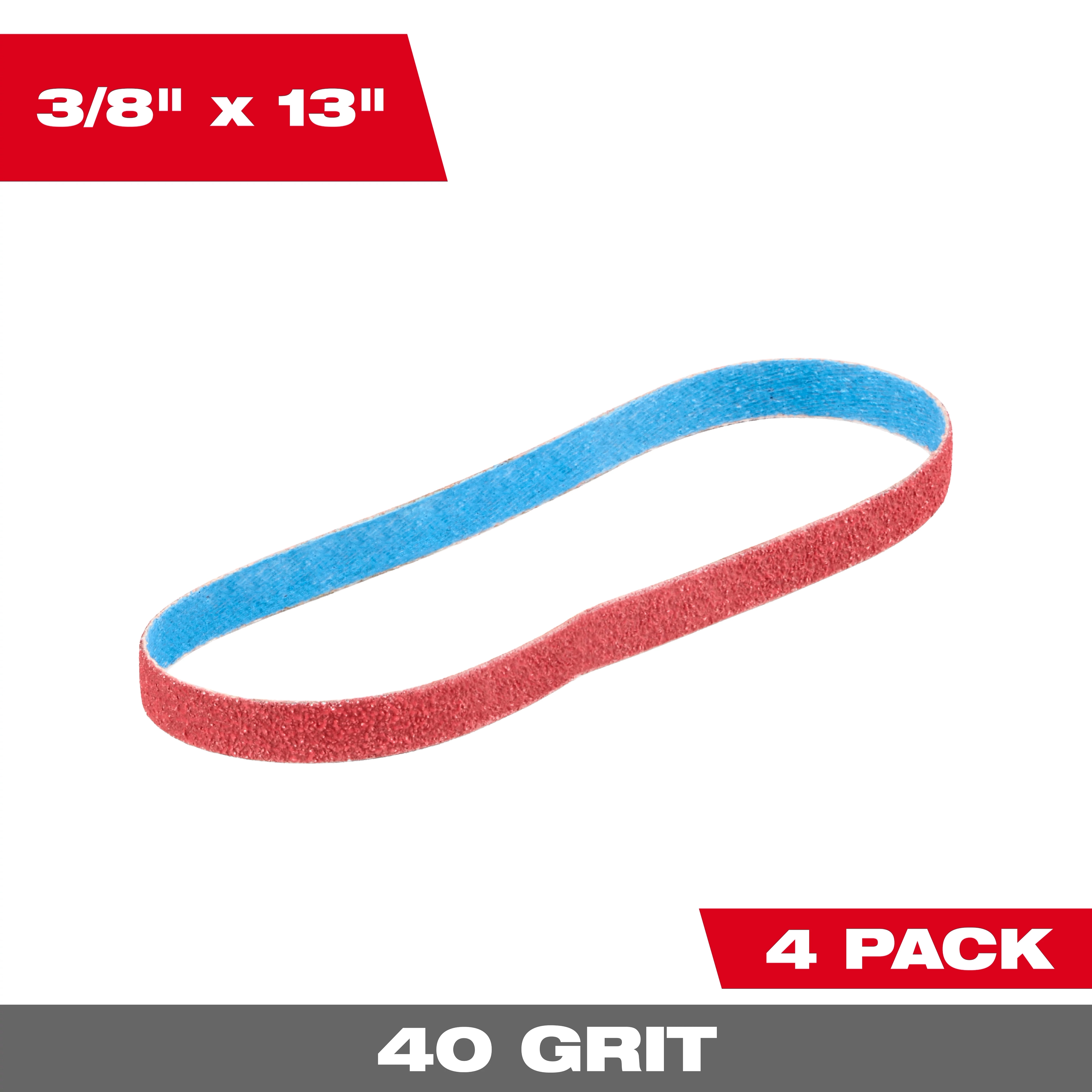 Image of the Milwaukee 3/8” x 13” 40 Grit Bandfile Belt with the text "3/8” x 13”. 4 pack. 40 grit"