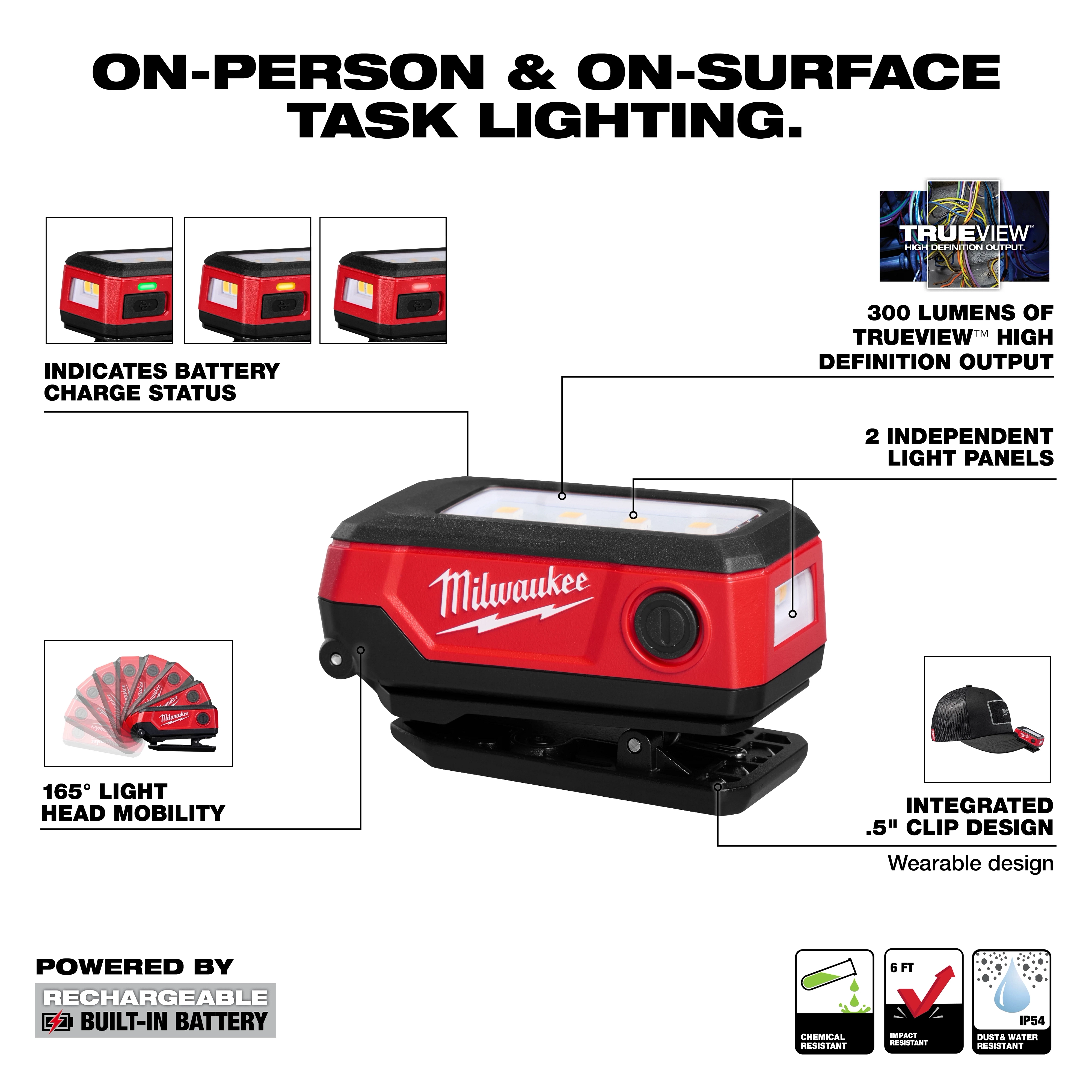 Milwaukee Rechargeable Clip Light with rectangular body, top light panel, and integrated clip base.