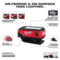 Milwaukee Rechargeable Clip Light with rectangular body, top light panel, and integrated clip base.