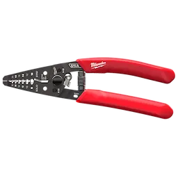 The 8-20 AWG Dipped Grip Wire Stripper & Cutter (USA) features a black metal head with various cutting slots and settings and a red handle with a dipped grip for comfort. The tool is spring-loaded for ease of use and prominently displays the "USA" marking and manufacturer branding.