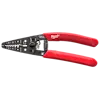 The 8-20 AWG Dipped Grip Wire Stripper & Cutter (USA) features a black metal head with various cutting slots and settings and a red handle with a dipped grip for comfort. The tool is spring-loaded for ease of use and prominently displays the "USA" marking and manufacturer branding.