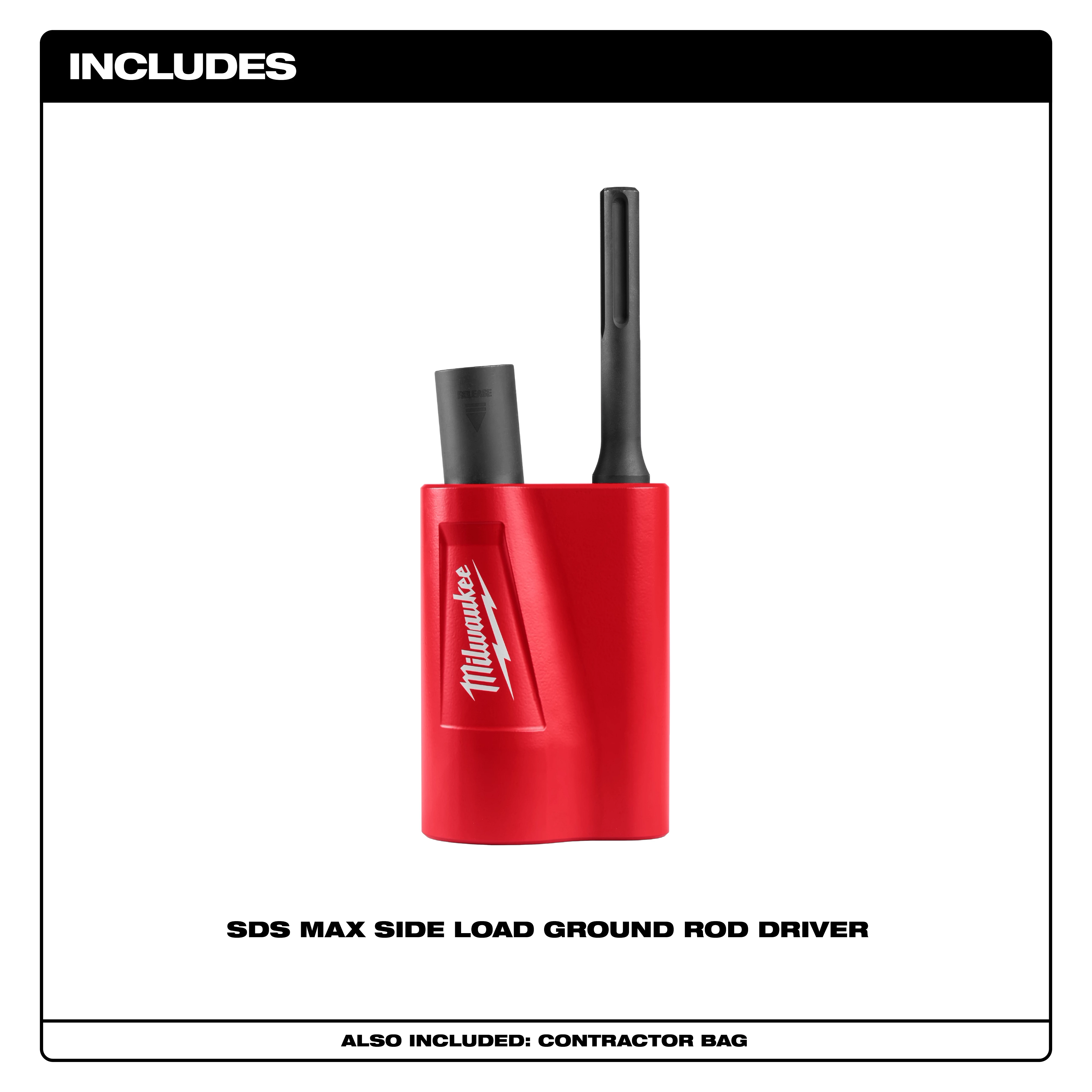 The SDS Max Side Load Ground Rod Driver is a red tool attachment with a side slot for efficient driving of ground rods.