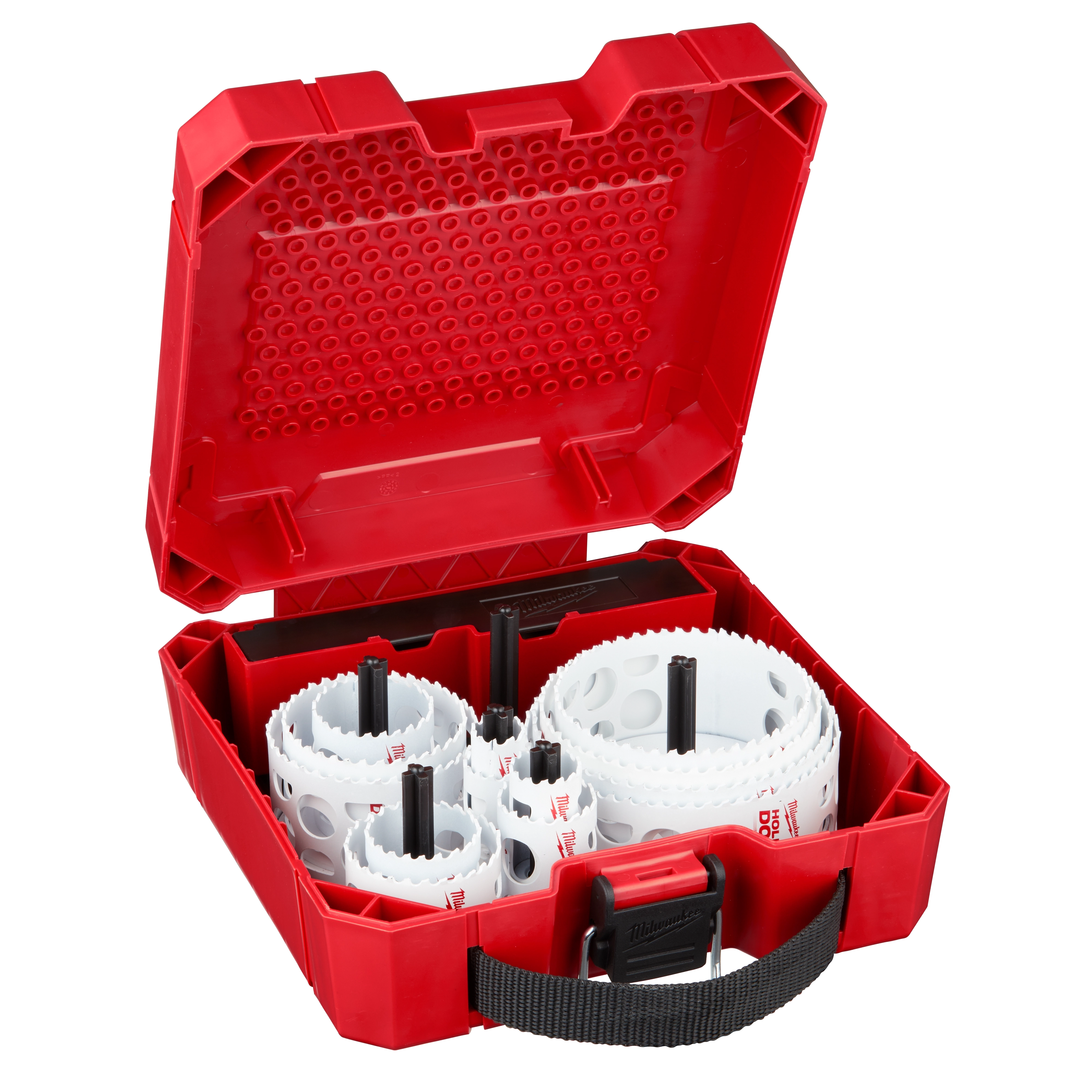 Red case open to reveal 20PC HOLE DOZER SET, with various sizes of white hole saw blades and black attachments neatly organized inside.