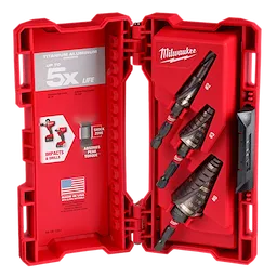 The 3PC Shockwave Step Bit Set includes three titanium aluminum-coated step drill bits inside a red, hard plastic case. The packaging emphasizes the product's durability, impact resistance, and torque absorption. It features the Milwaukee logo and a "Made in USA" label.