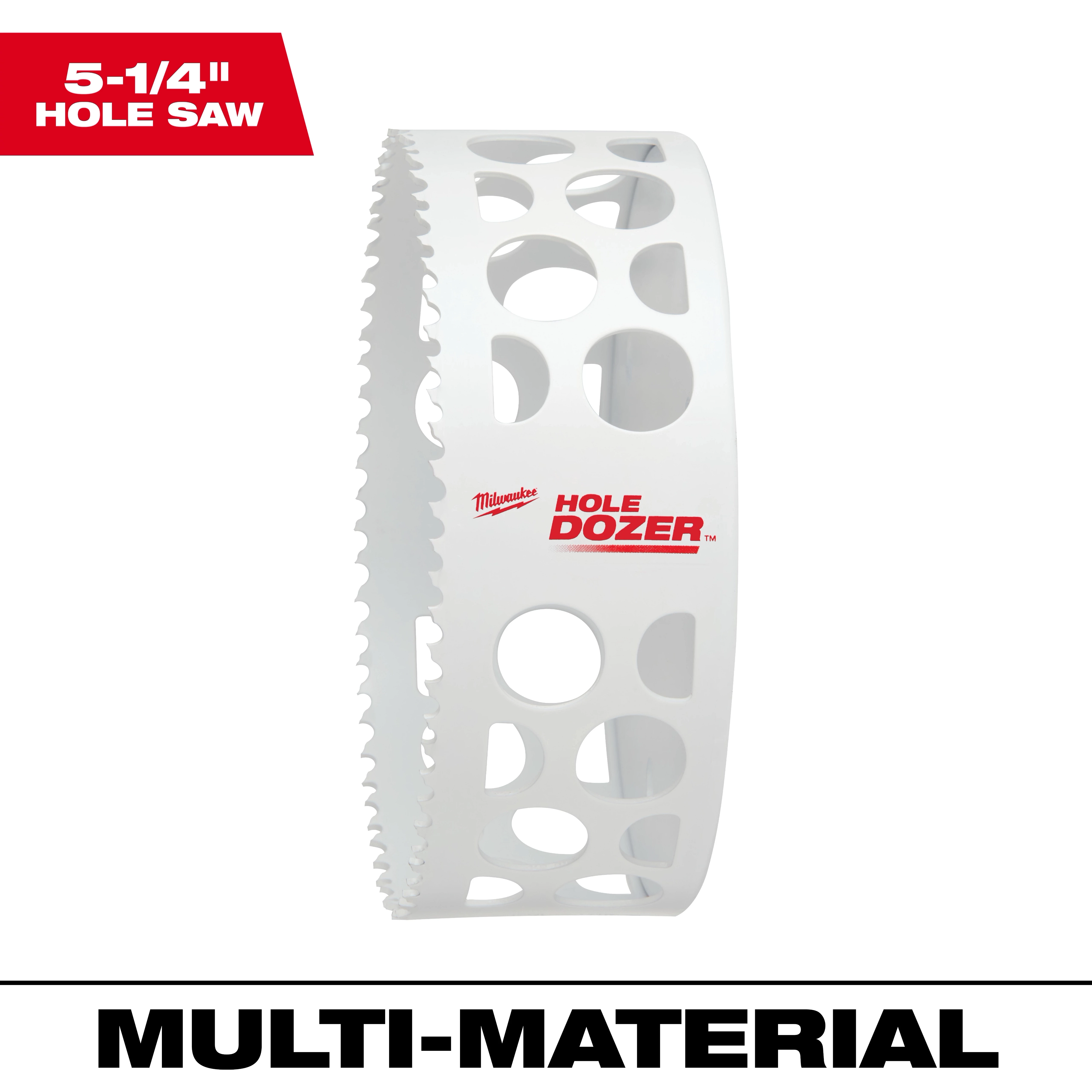 5-1/4" Hole Dozer Bi-Metal Hole Saw, designed for cutting multiple materials, featuring a durable white body with large cutouts.