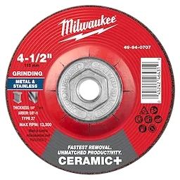 4-1/2" x 1/4" x 5/8"-11 Ceramic+ Metal Grinding Wheel - Type 27 with red label, used for grinding metal and stainless steel.