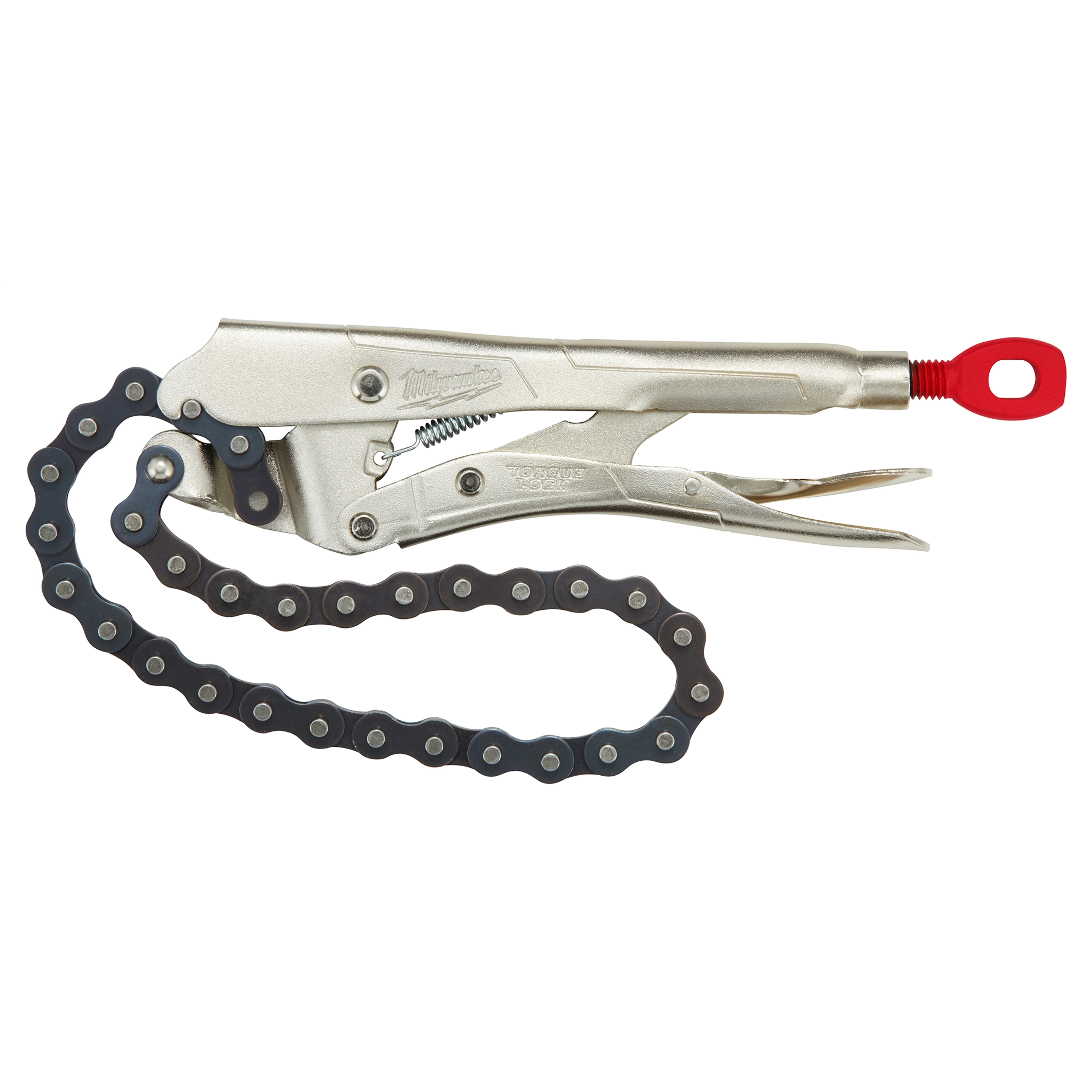 The Locking Chain Wrench features a silver metal handle with a spring mechanism and an adjustable chain for gripping objects. The handle has a red rubber-coated loop for hanging or attaching.