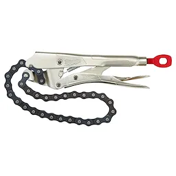 The Locking Chain Wrench features a silver metal handle with a spring mechanism and an adjustable chain for gripping objects. The handle has a red rubber-coated loop for hanging or attaching.