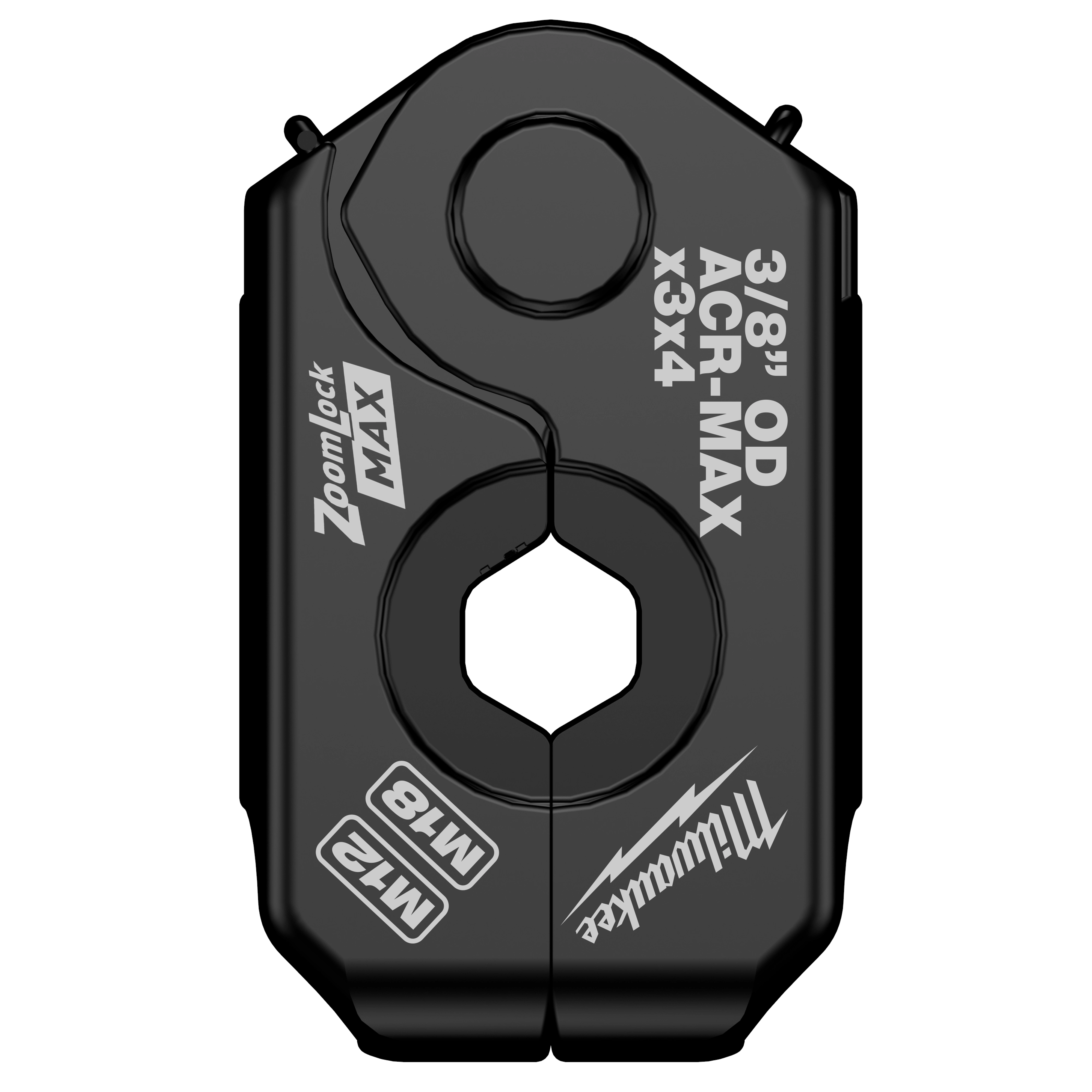 The image is of the 3/8" ZoomLock MAX® & >B< MaxiPro® Pivoting Press Ring in black. It features various labels, including "3/8" OD," "ACR-MAX," "M12," and "MT8," on the face. The ring is designed for HVAC and refrigeration applications and has a central opening for pipe fitting.