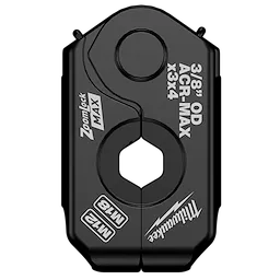 The image is of the 3/8" ZoomLock MAX® & >B< MaxiPro® Pivoting Press Ring in black. It features various labels, including "3/8" OD," "ACR-MAX," "M12," and "MT8," on the face. The ring is designed for HVAC and refrigeration applications and has a central opening for pipe fitting.