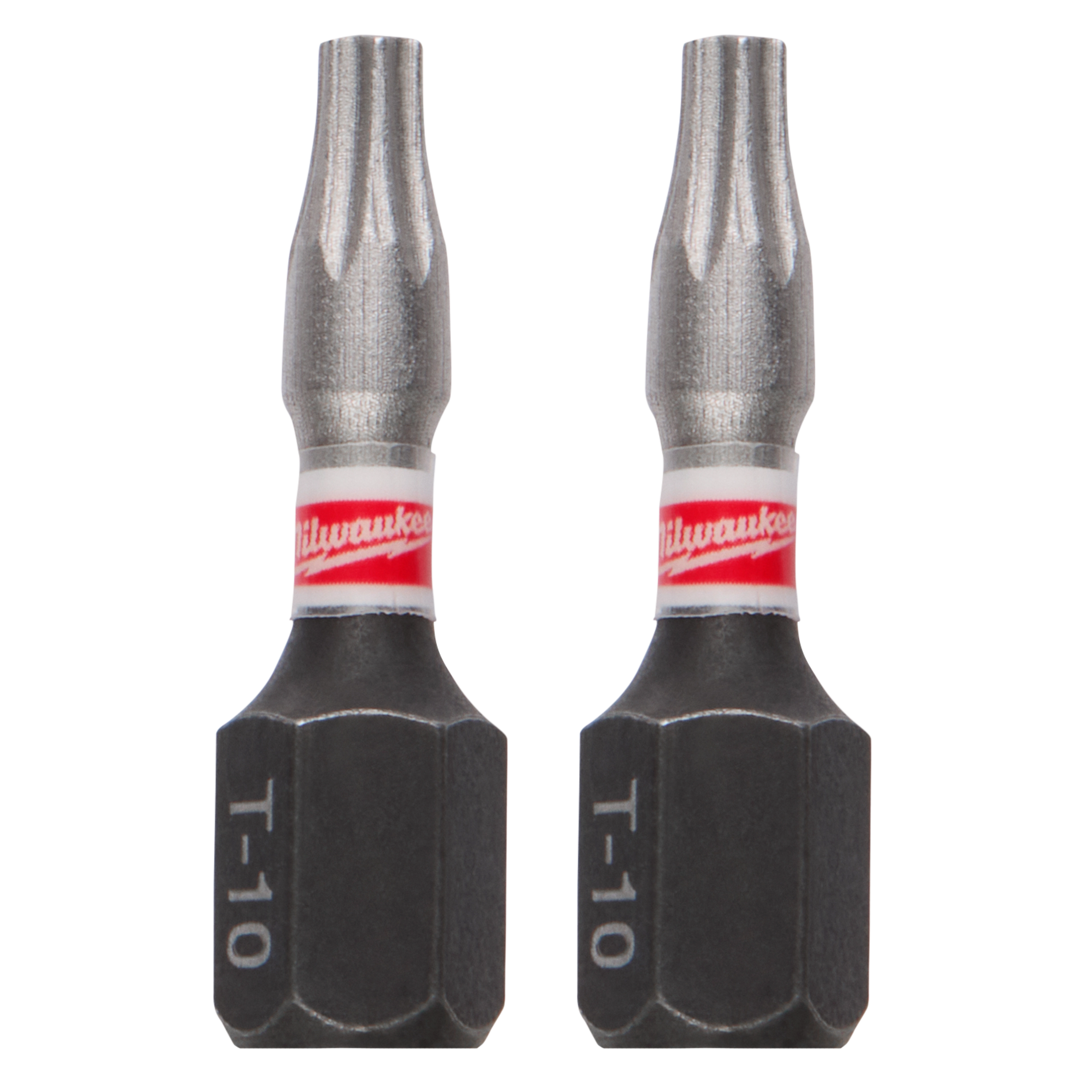 Two SHOCKWAVE™ Impact TORX® T10 Insert Bits (2 PK), displaying the T-10 marking and Milwaukee branding with red and white labels, designed for high-torque applications.