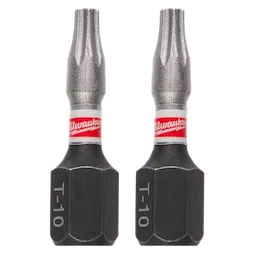 Two SHOCKWAVE™ Impact TORX® T10 Insert Bits (2 PK), displaying the T-10 marking and Milwaukee branding with red and white labels, designed for high-torque applications.