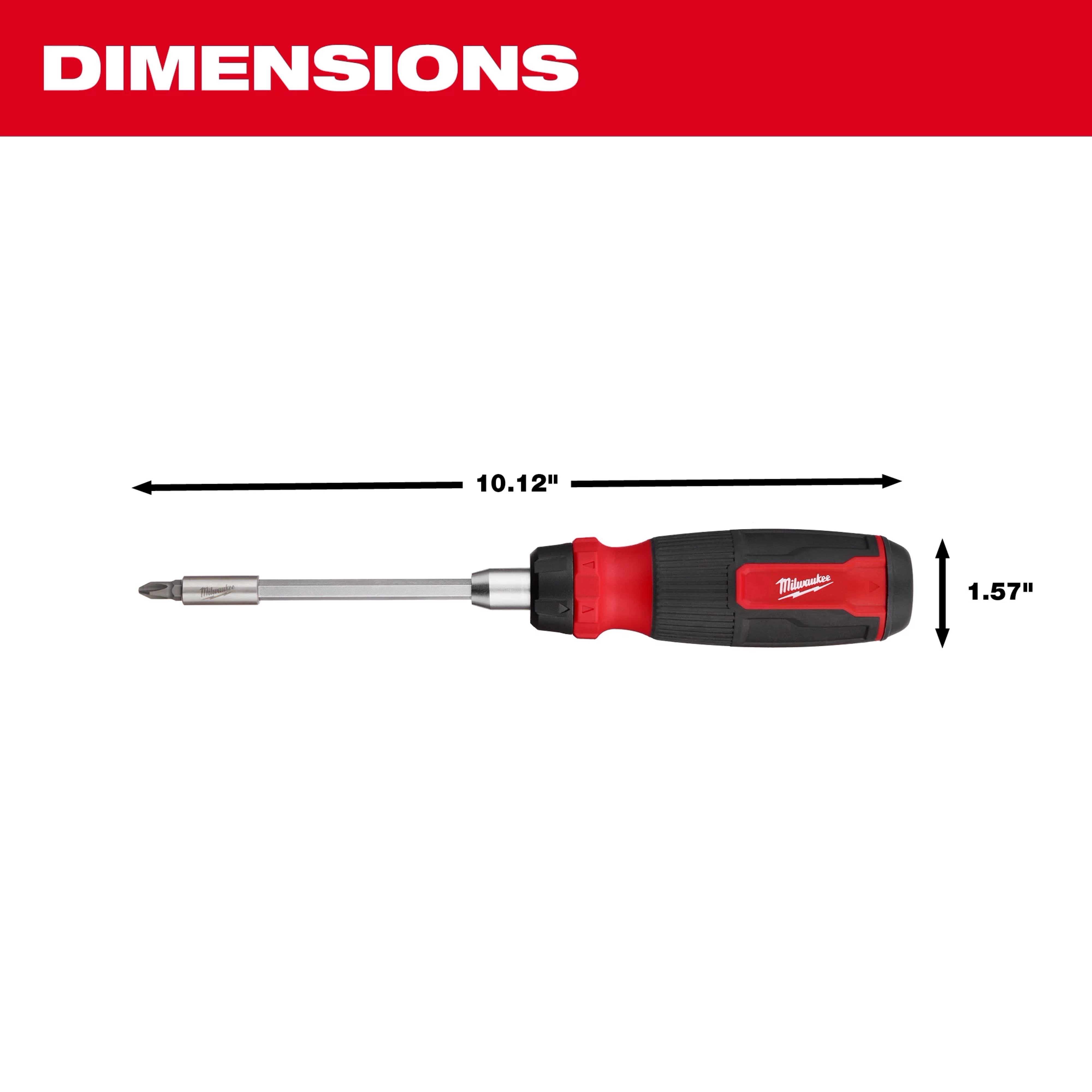 14-in-1 Ratcheting Multi-Bit Screwdriver shown with dimensions: 10.12 inches in length and 1.57 inches in width.