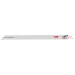 The 12" 18 TPI SAWZALL® Blade for Medium Metal Bulk is a long, straight, silver cutting blade optimized for metalwork. The blade has printed text indicating "Medium Metal" alongside the maker's logo and American flag at the base.