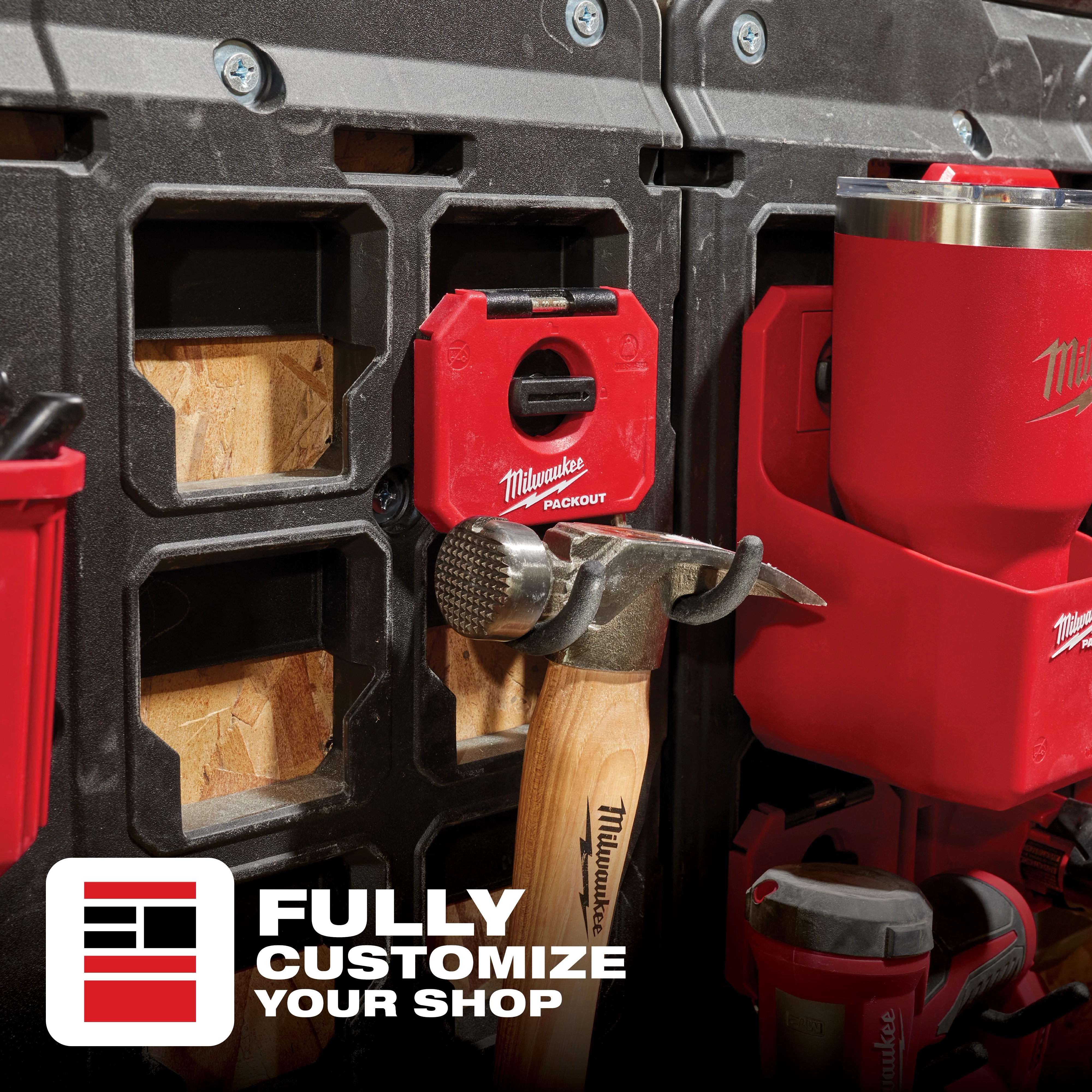 Red PACKOUT 3” Curved Hook holding a hammer on a customizable shop wall system. Text at bottom left reads "Fully Customize Your Shop."