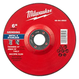 6" x 1/4" x 7/8" Metal Grinding Wheel, Type 27, red with text details including thickness, arbor size, max RPM, and material suitability.