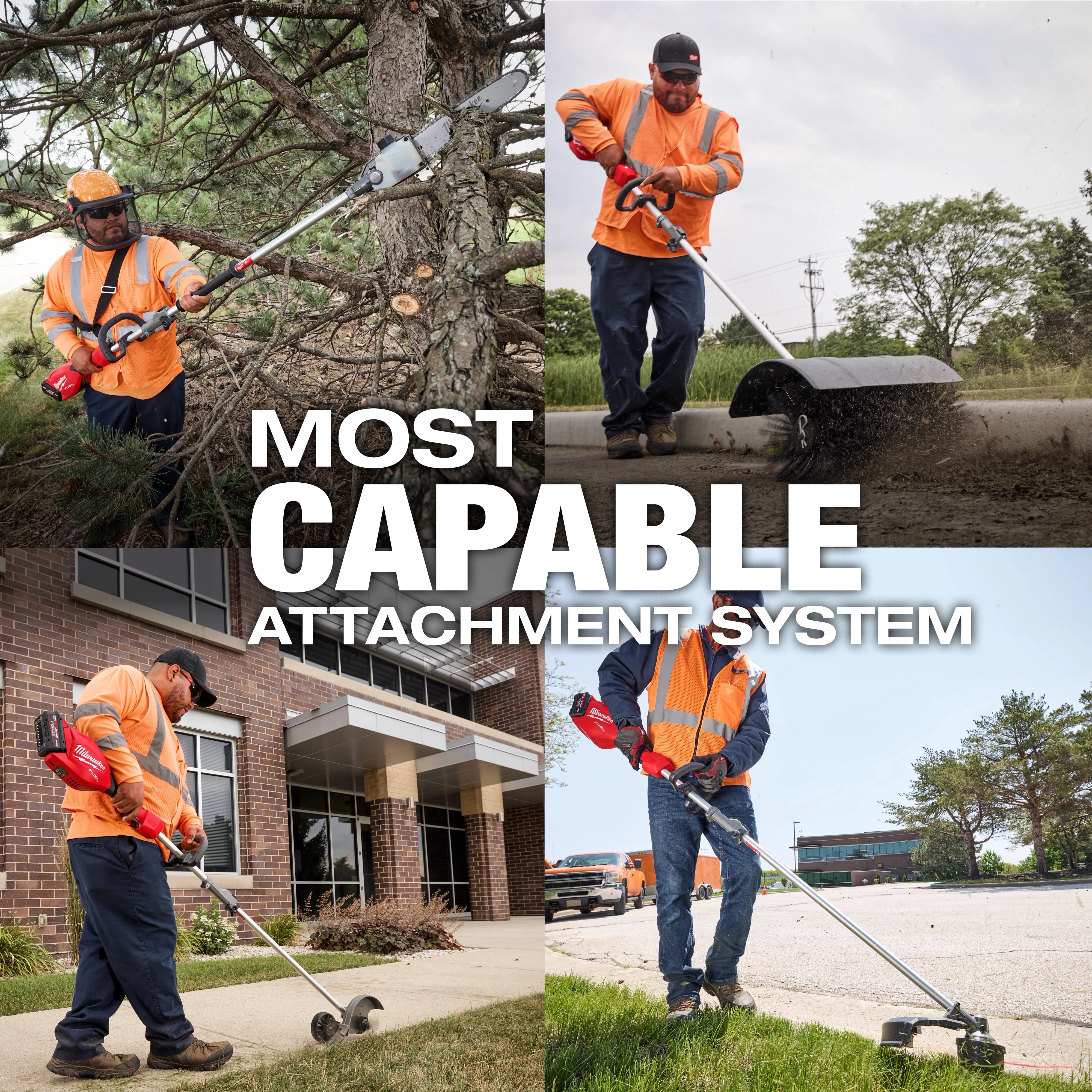 Workers using M18 FUEL Power Head w/ QUIK-LOK tools, including String Trimmer, Pole Saw, and Blower Combo Kit outdoors.