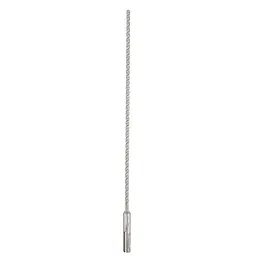 SDS+ MX4 3/16" X 10" X 12" is a long, silver drill bit with a spiral design extending from the tip to the base, designed for enhanced drilling efficiency in masonry and concrete.