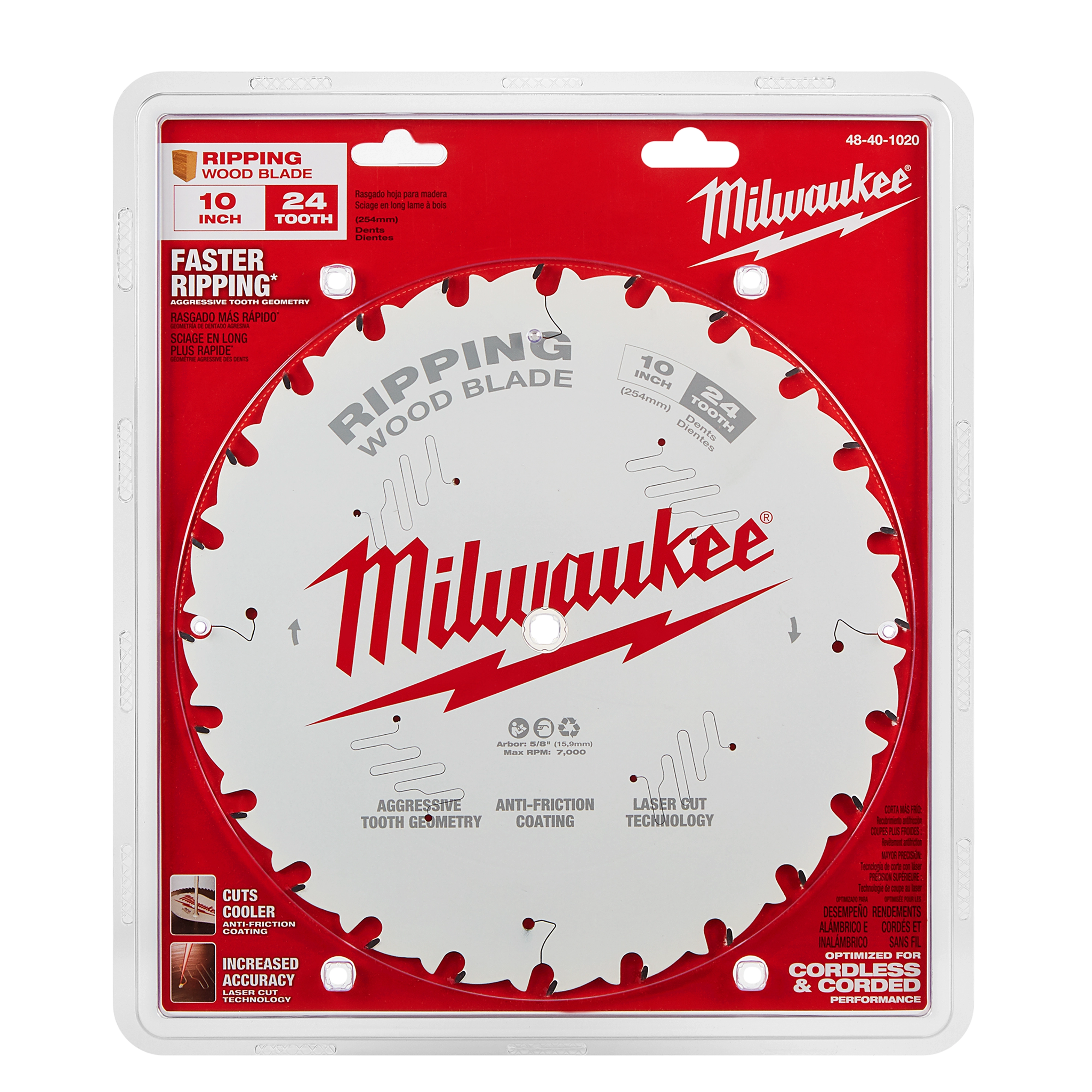 Milwaukee 10" 24T Ripping Circular Saw Blade with aggressive tooth geometry, anti-friction coating, and laser cut technology.