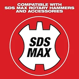 SDS MAX compatibility logo on a red background, with text "Compatible with SDS MAX Rotary Hammers and Accessories" at the top.