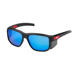 Full Frame Safety Glasses with Removable Side Shields feature blue mirrored anti-scratch lenses. The glasses have a black frame with red accents and are designed for durable eye protection.