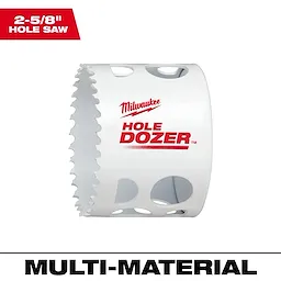 2-5/8" Hole Dozer Bi-Metal Hole Saw with white body, red logo, and text, suitable for multi-material cutting tasks.