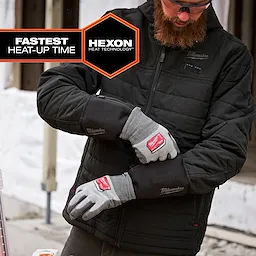 A person wearing Milwaukee Heated Work Glove Liners adjusts the gloves while dressed in a black jacket. The image highlights "fastest heat-up time" and "Hexon heat technology" as key features.