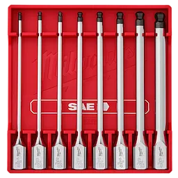 The 8pc 3/8” Drive Long Ball End Hex Bit Socket Set - SAE features eight silver hex bit sockets in various sizes, neatly arranged in a red plastic case. The case shows the brand name and SAE label, with tools held securely in designated slots.