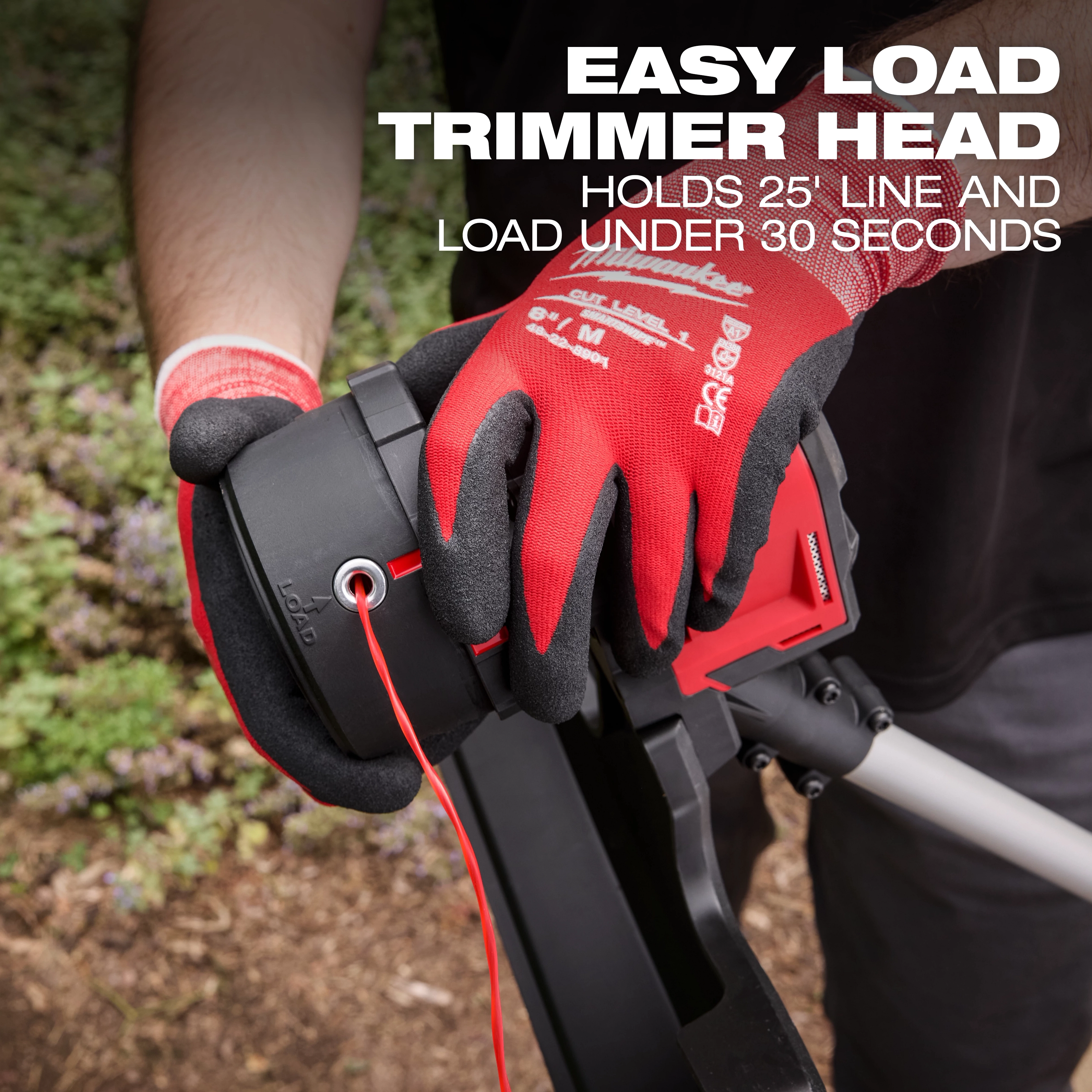 A person loads the trimmer head of the M18 Brushless String Trimmer. Text indicates the trimmer head holds 25 inches of line and can be loaded in under 30 seconds.