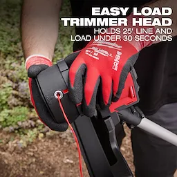 A person loads the trimmer head of the M18 Brushless String Trimmer. Text indicates the trimmer head holds 25 inches of line and can be loaded in under 30 seconds.