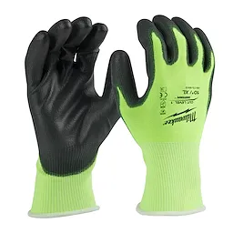 High Visibility Cut Level 1 Polyurethane Dipped Glove - XL, featuring black and green high-visibility materials, is shown.