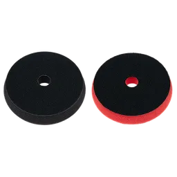 5" Foam Light Cutting / Polishing Pad 2PK includes two circular foam pads: one black and one black with a red backing. Both pads have a central hole for attachment and are used for light cutting or polishing tasks.