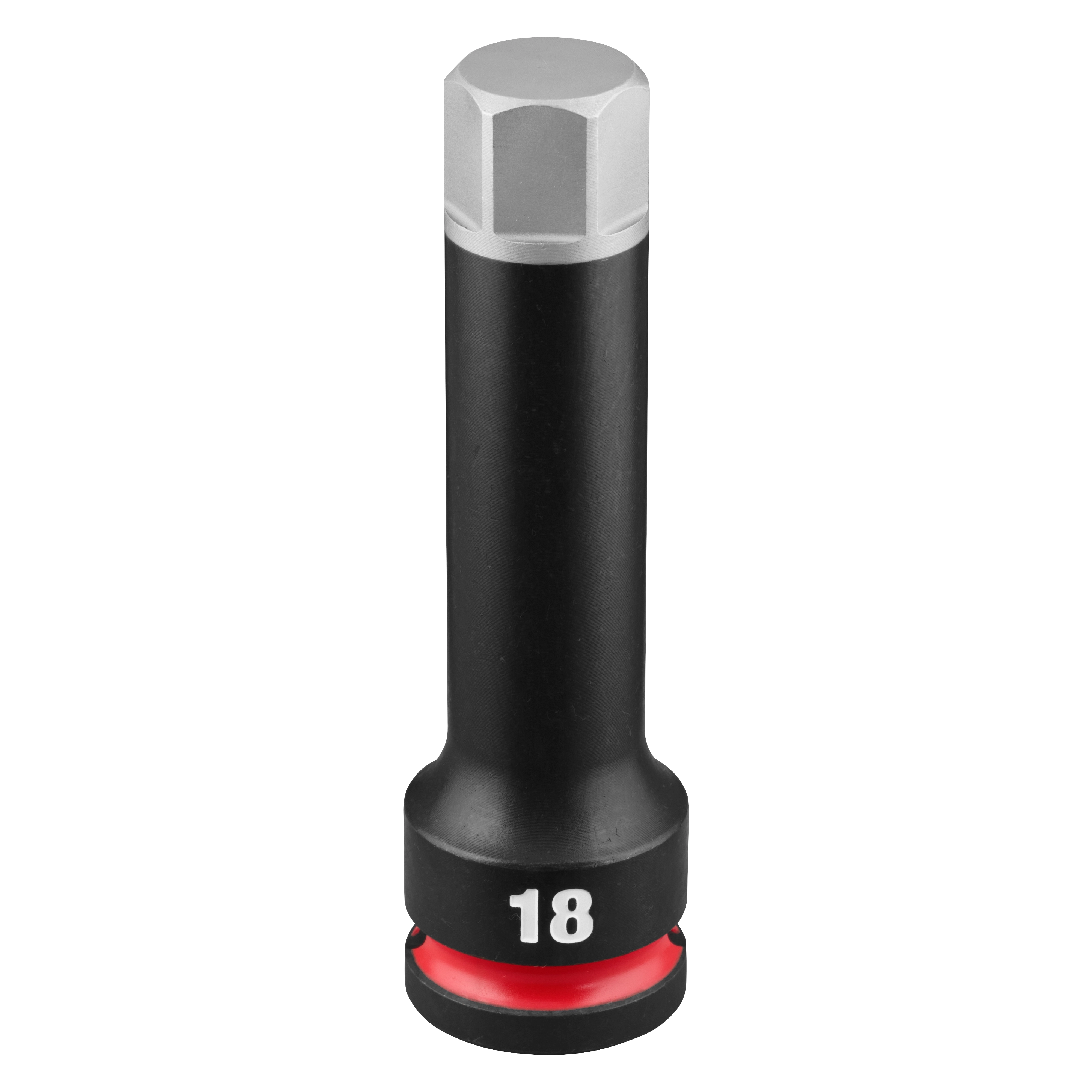SHOCKWAVE Impact Duty 1/2" Drive 4" Hex 18mm Bit Socket standing upright on a plain background.