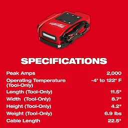 The M18™ HOTSHOT™ Jump Starter is pictured against a red background with specifications listed. It features 2,000 peak amps, operates from -4° to 122° F, measures 11.5" x 8.7" x 4.2", and weighs 6.9 lbs. Cable length is 22.5".