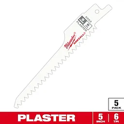 Milwaukee Sawzall Reciprocating Saw Blade designed for plaster applications. The blade measures 5 inches in length with 6 teeth per inch. It is labeled with "Plaster" and sold in a pack of five. The blade features the Milwaukee logo in red.